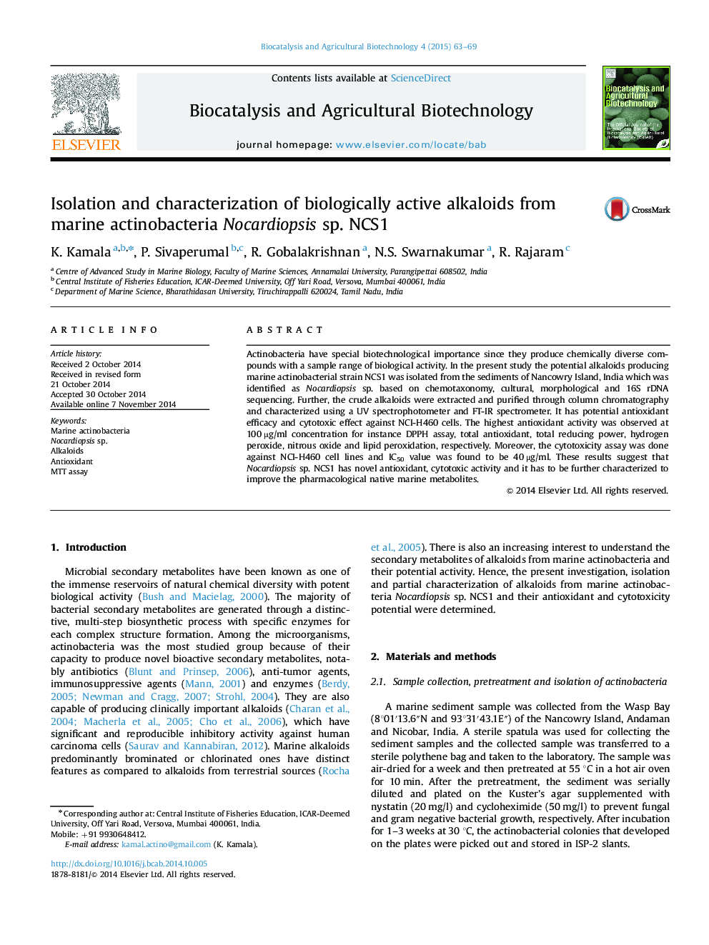 Isolation and characterization of biologically active alkaloids from marine actinobacteria Nocardiopsis sp. NCS1