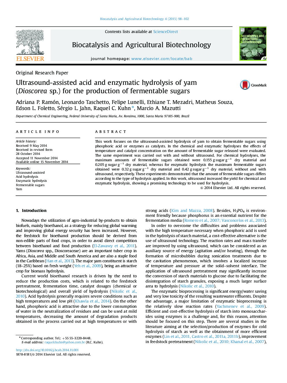 Ultrasound-assisted acid and enzymatic hydrolysis of yam (Dioscorea sp.) for the production of fermentable sugars