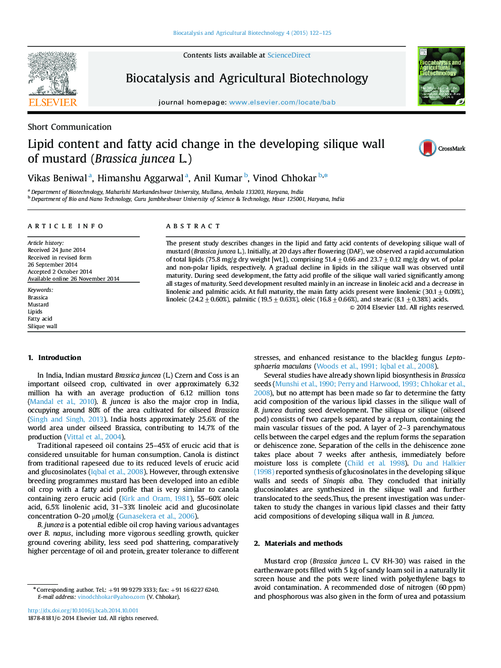 Lipid content and fatty acid change in the developing silique wall of mustard (Brassica juncea L.)