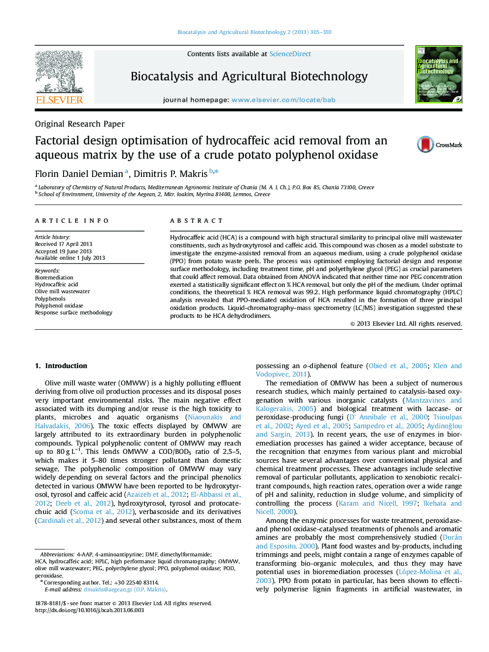 Factorial design optimisation of hydrocaffeic acid removal from an aqueous matrix by the use of a crude potato polyphenol oxidase