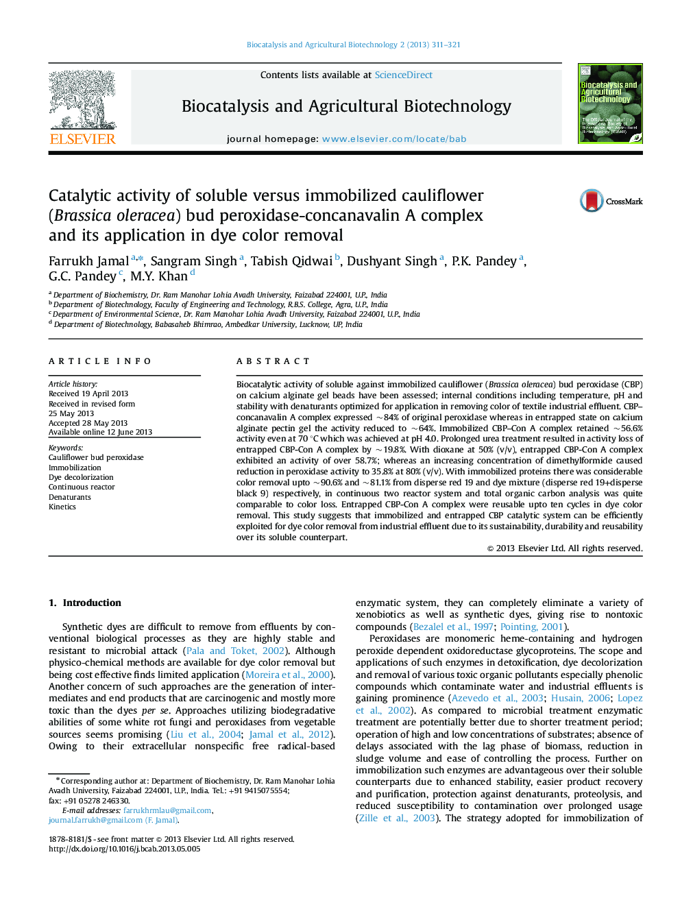 Catalytic activity of soluble versus immobilized cauliflower (Brassica oleracea) bud peroxidase-concanavalin A complex and its application in dye color removal