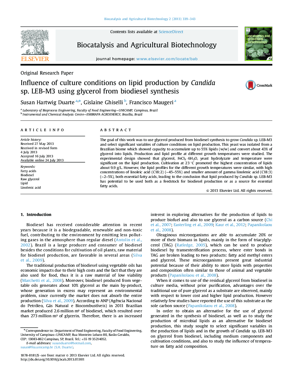 Influence of culture conditions on lipid production by Candida sp. LEB-M3 using glycerol from biodiesel synthesis