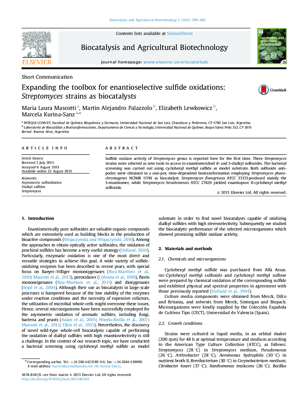 Expanding the toolbox for enantioselective sulfide oxidations: Streptomyces strains as biocatalysts