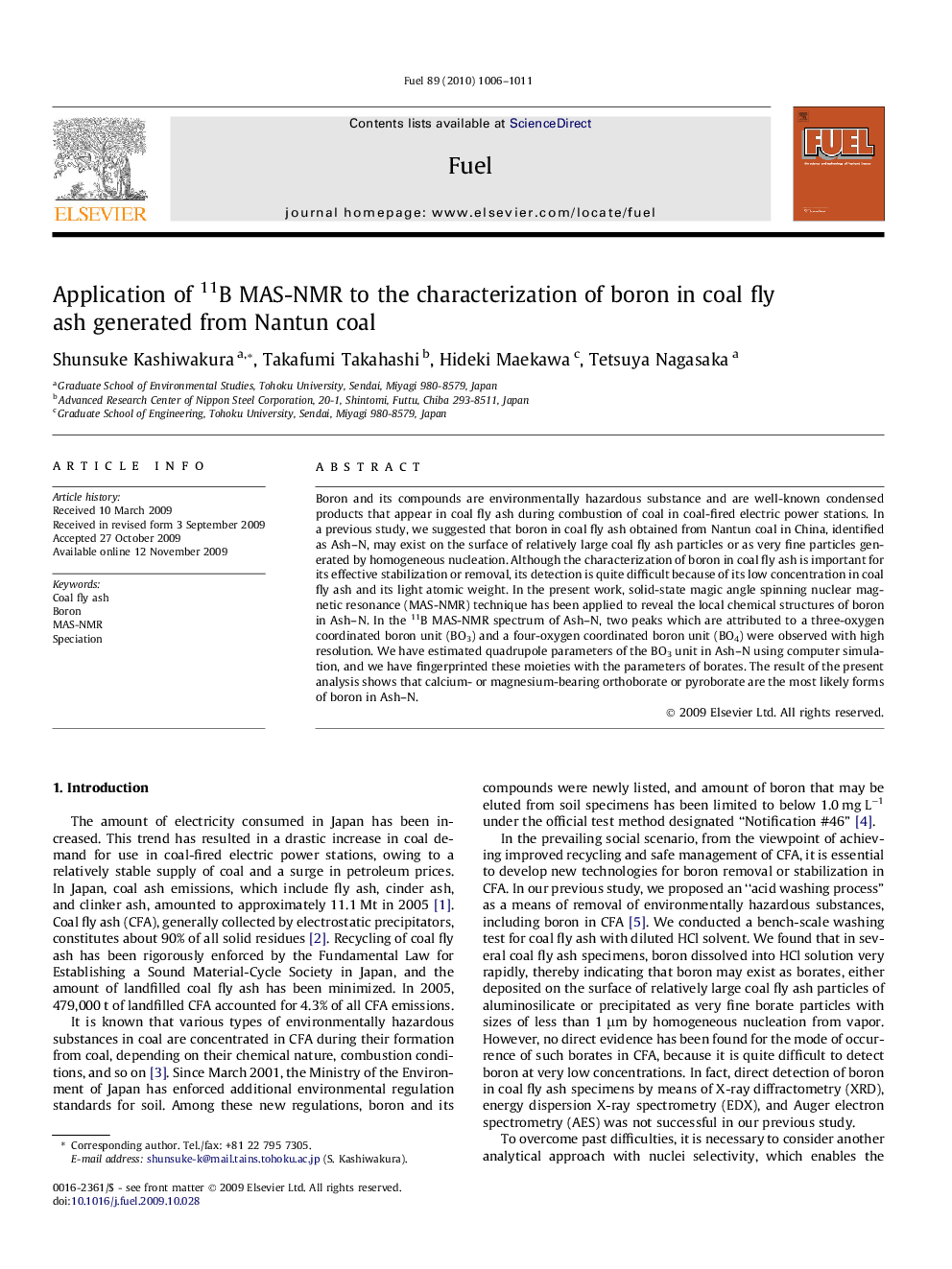 Application of 11B MAS-NMR to the characterization of boron in coal fly ash generated from Nantun coal