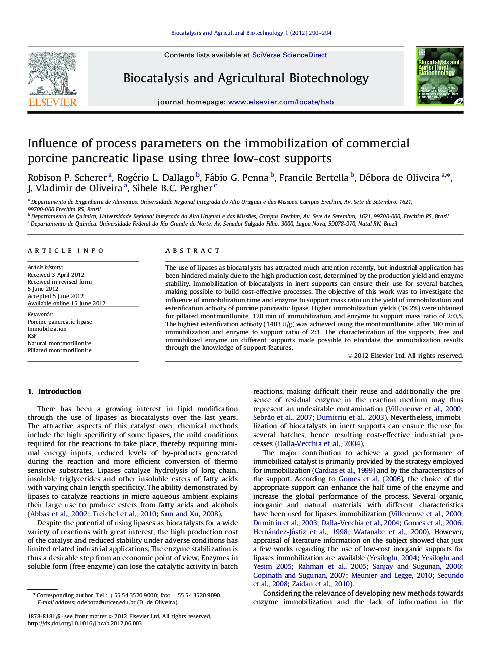 Influence of process parameters on the immobilization of commercial porcine pancreatic lipase using three low-cost supports