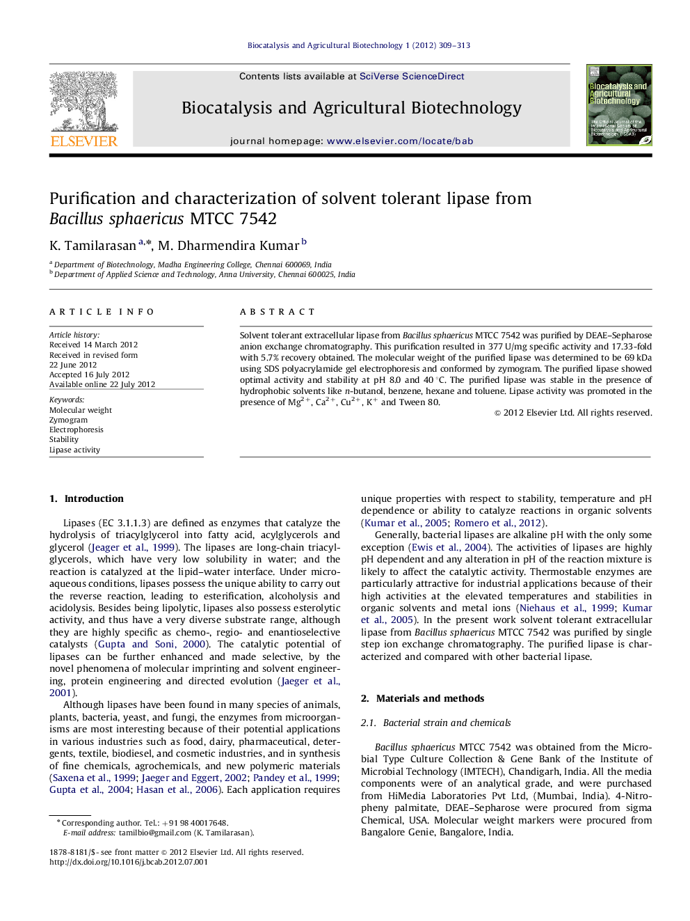 Purification and characterization of solvent tolerant lipase from Bacillus sphaericus MTCC 7542