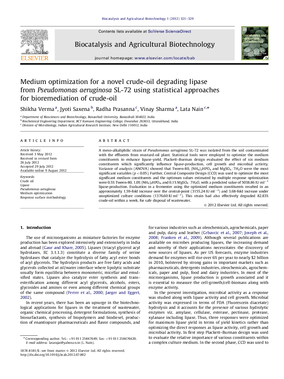 Medium optimization for a novel crude-oil degrading lipase from Pseudomonas aeruginosa SL-72 using statistical approaches for bioremediation of crude-oil