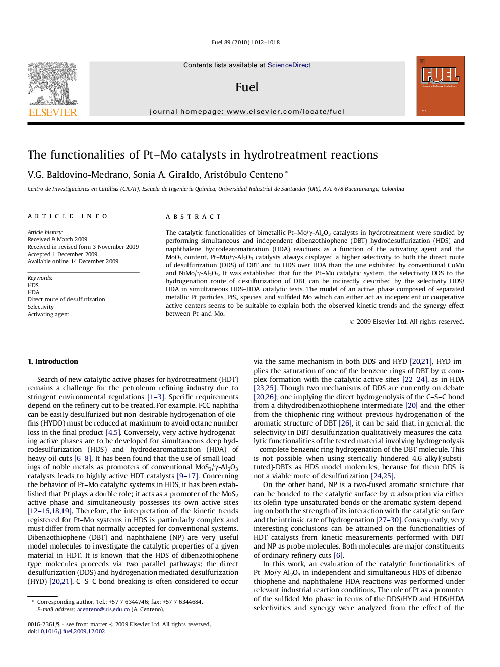 The functionalities of Pt–Mo catalysts in hydrotreatment reactions