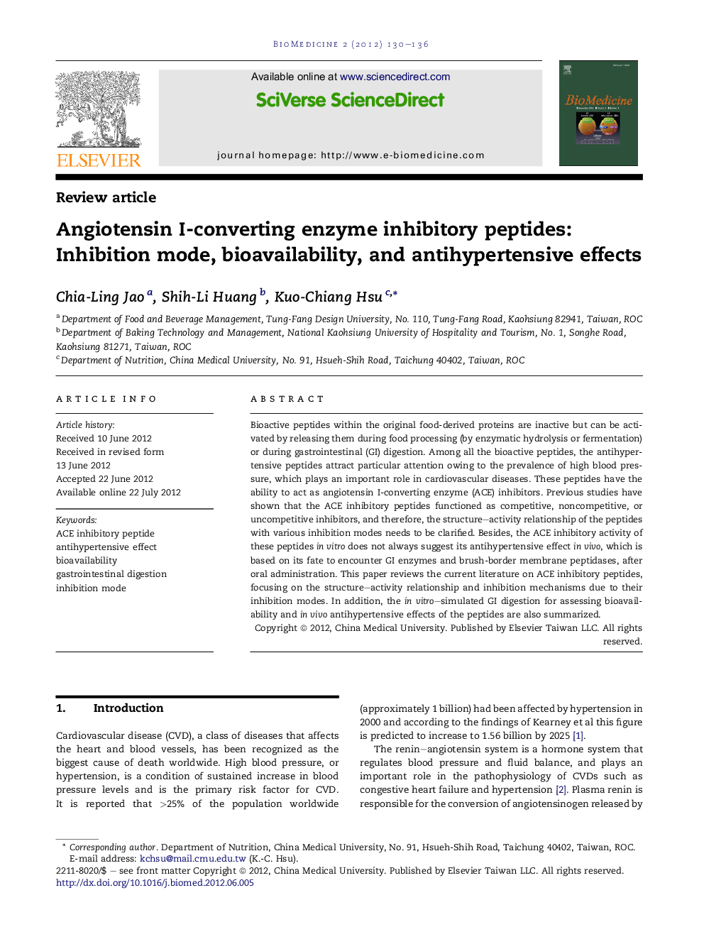 Angiotensin I-converting enzyme inhibitory peptides: Inhibition mode, bioavailability, and antihypertensive effects