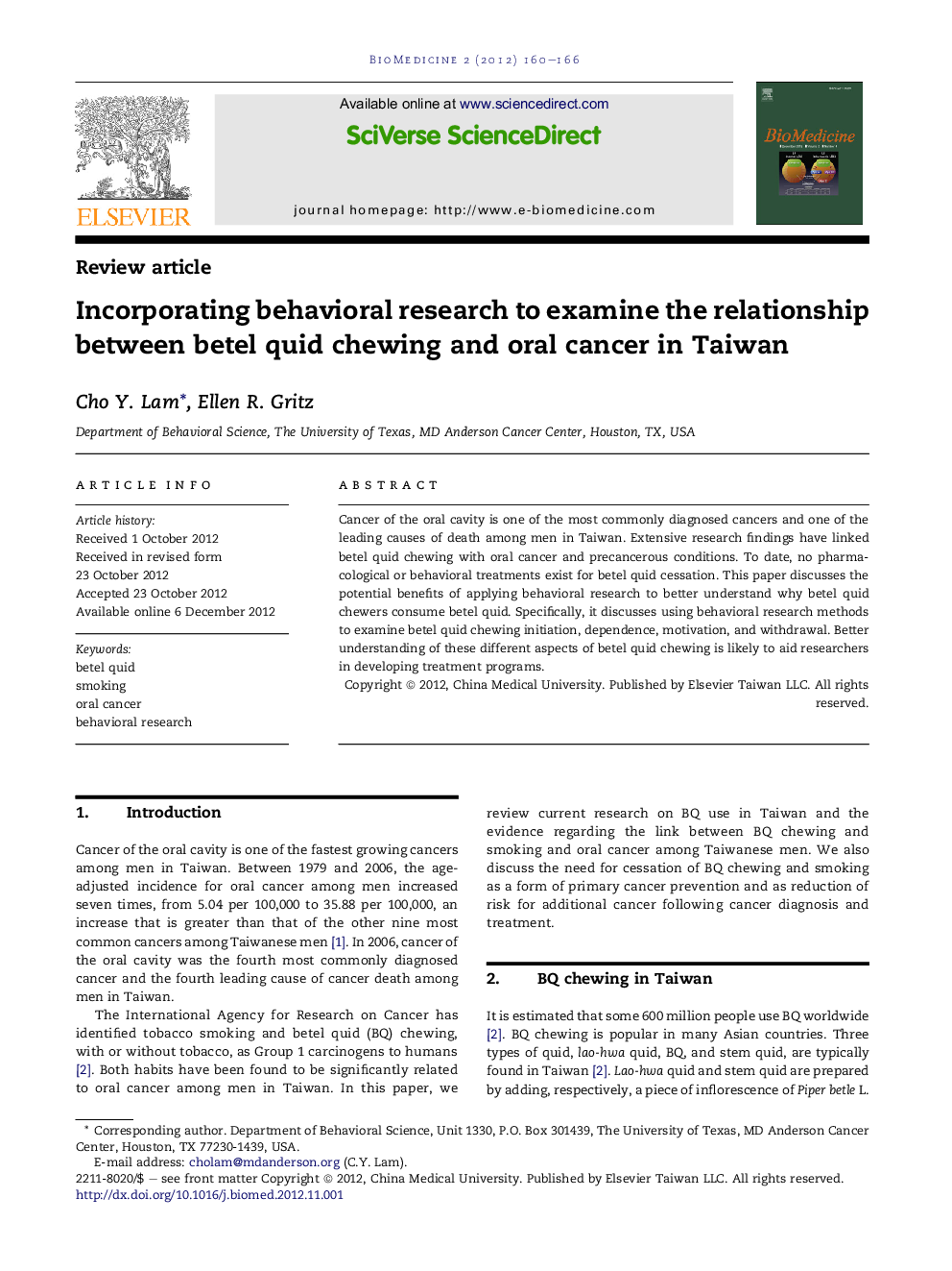 Incorporating behavioral research to examine the relationship between betel quid chewing and oral cancer in Taiwan