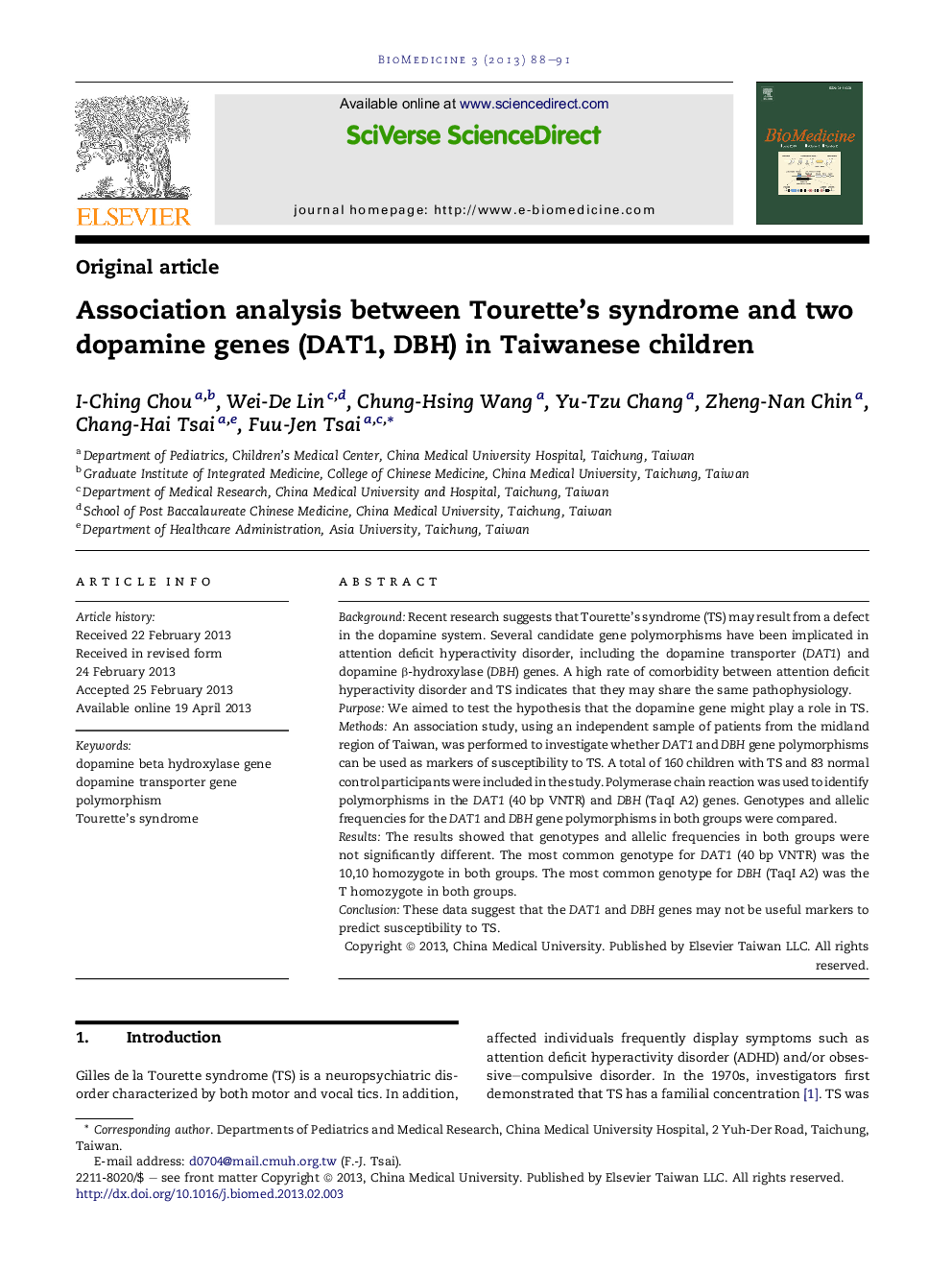 Association analysis between Tourette's syndrome and two dopamine genes (DAT1, DBH) in Taiwanese children