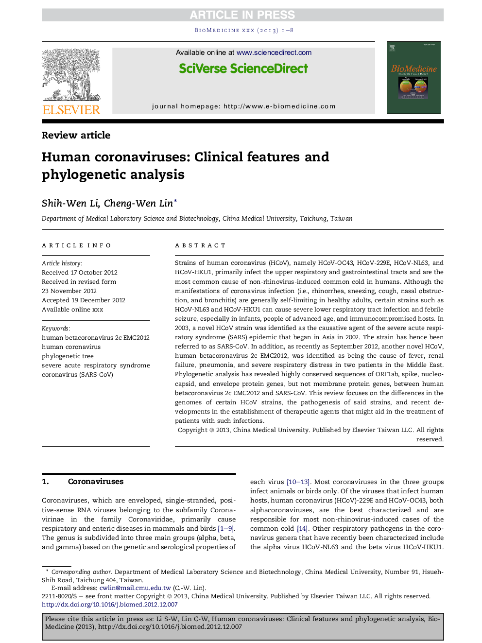 Human coronaviruses: Clinical features and phylogenetic analysis