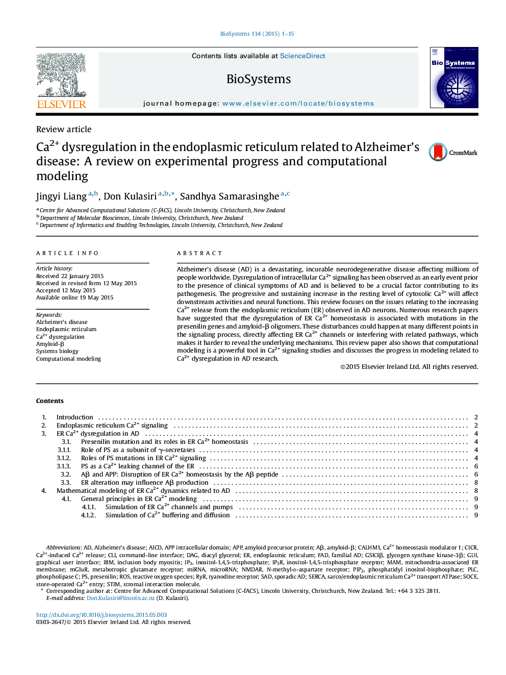 Ca2+ dysregulation in the endoplasmic reticulum related to Alzheimer’s disease: A review on experimental progress and computational modeling