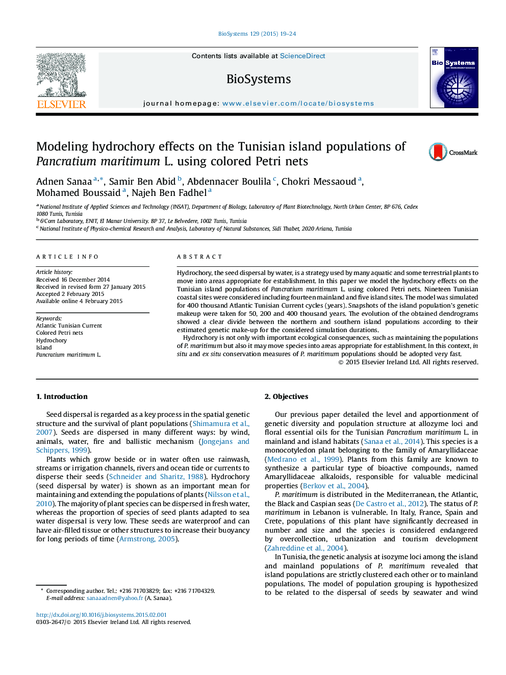 Modeling hydrochory effects on the Tunisian island populations of Pancratium maritimum L. using colored Petri nets