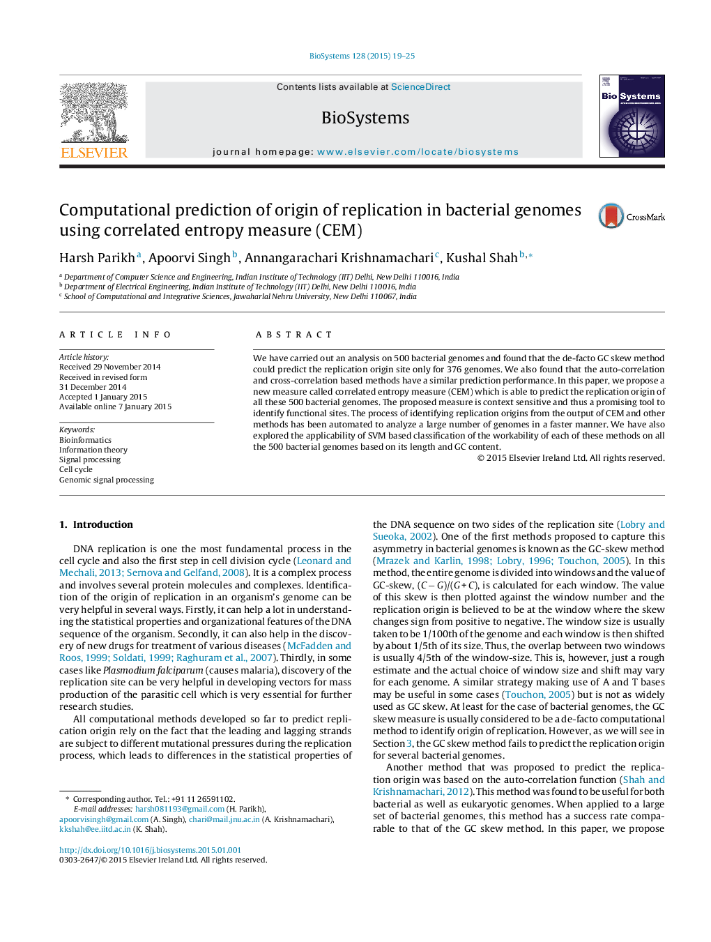 Computational prediction of origin of replication in bacterial genomes using correlated entropy measure (CEM)