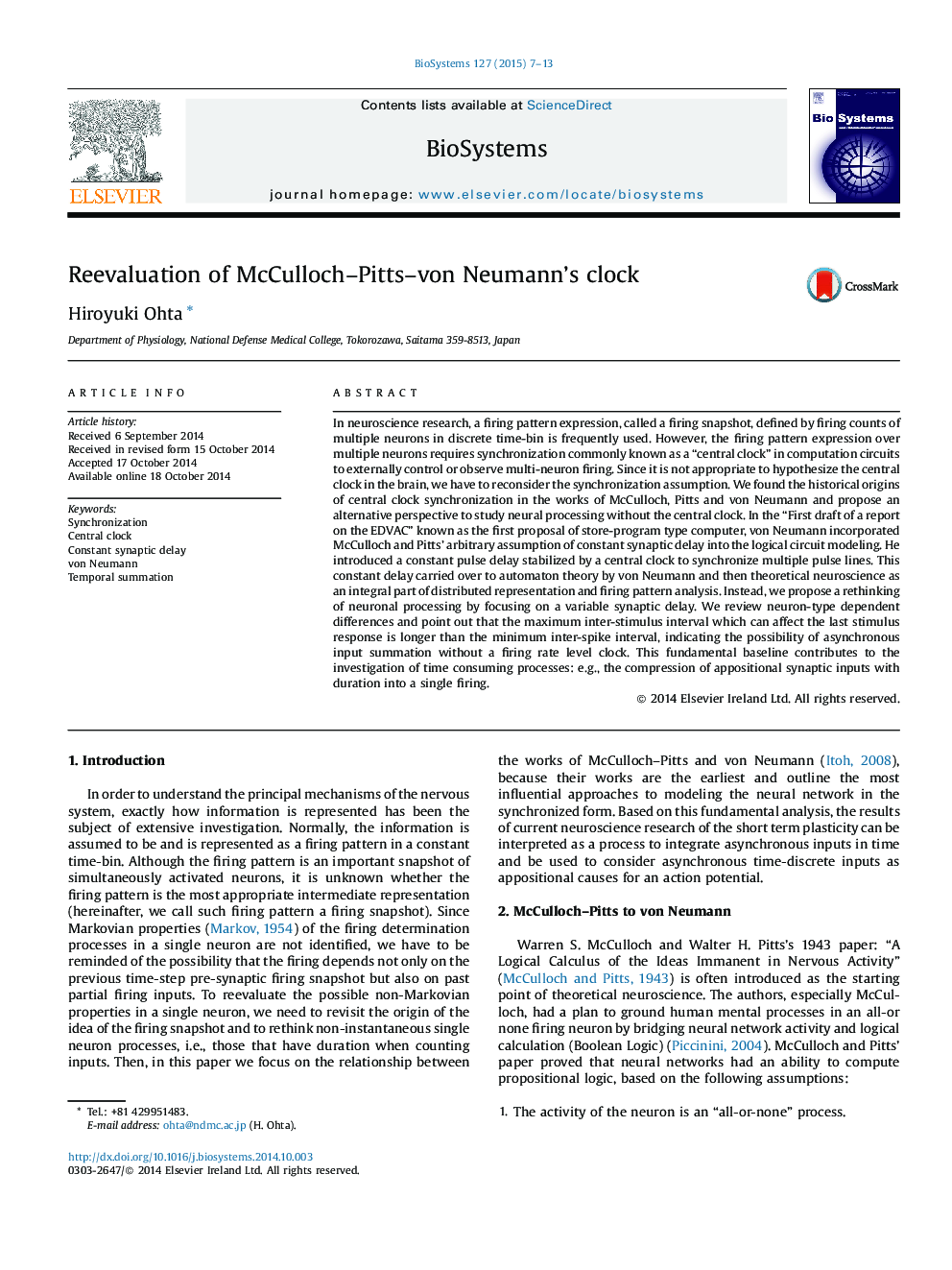 Reevaluation of McCulloch–Pitts–von Neumann’s clock