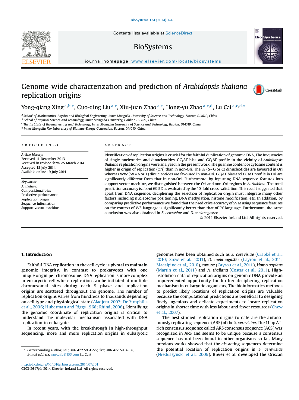 Genome-wide characterization and prediction of Arabidopsis thaliana replication origins