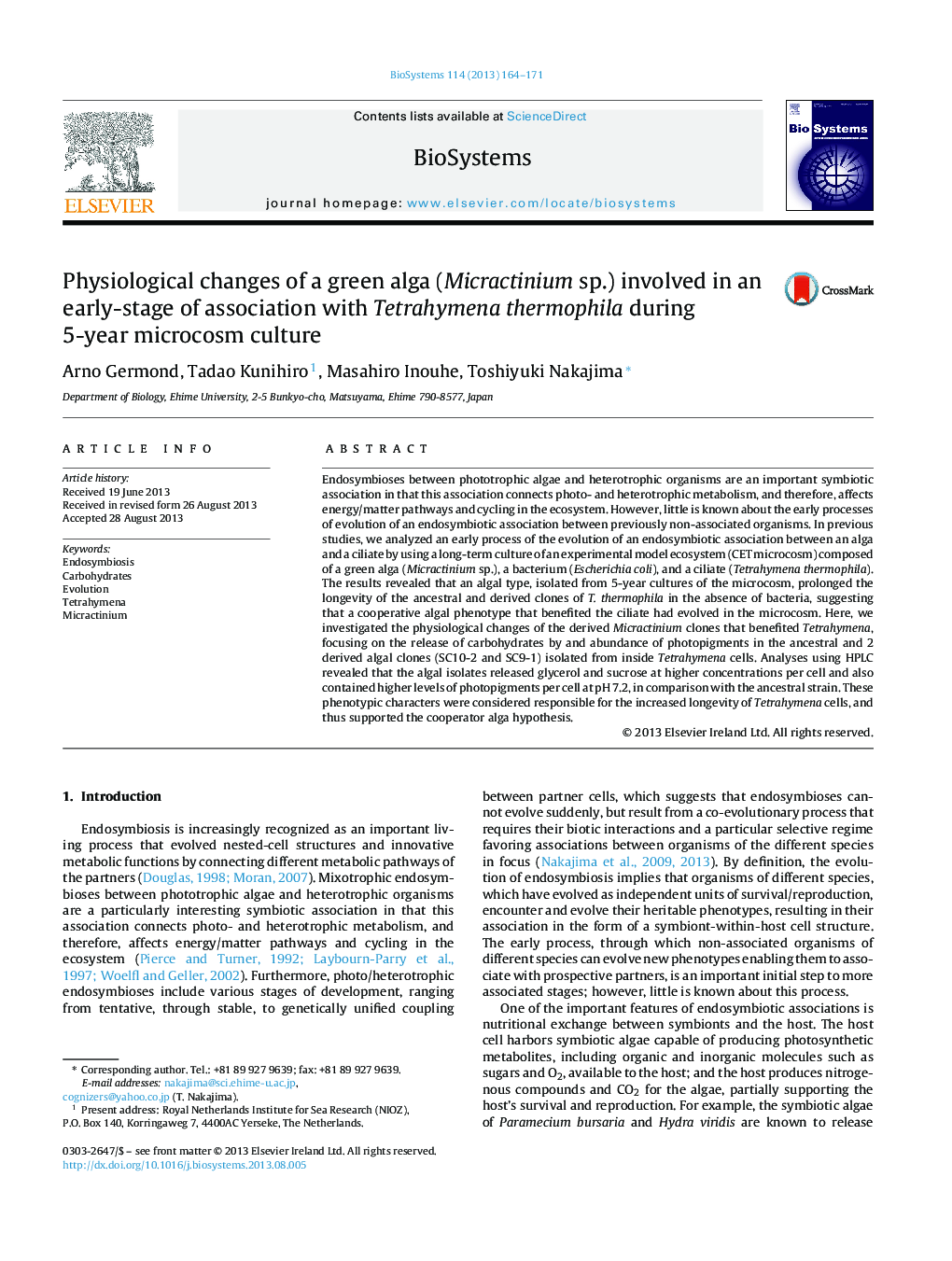 Physiological changes of a green alga (Micractinium sp.) involved in an early-stage of association with Tetrahymena thermophila during 5-year microcosm culture