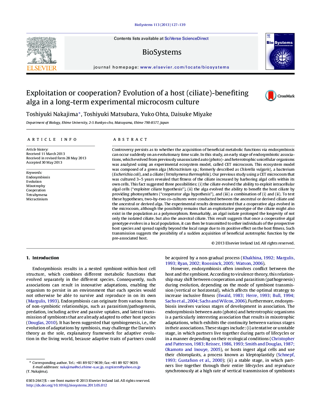 Exploitation or cooperation? Evolution of a host (ciliate)-benefiting alga in a long-term experimental microcosm culture