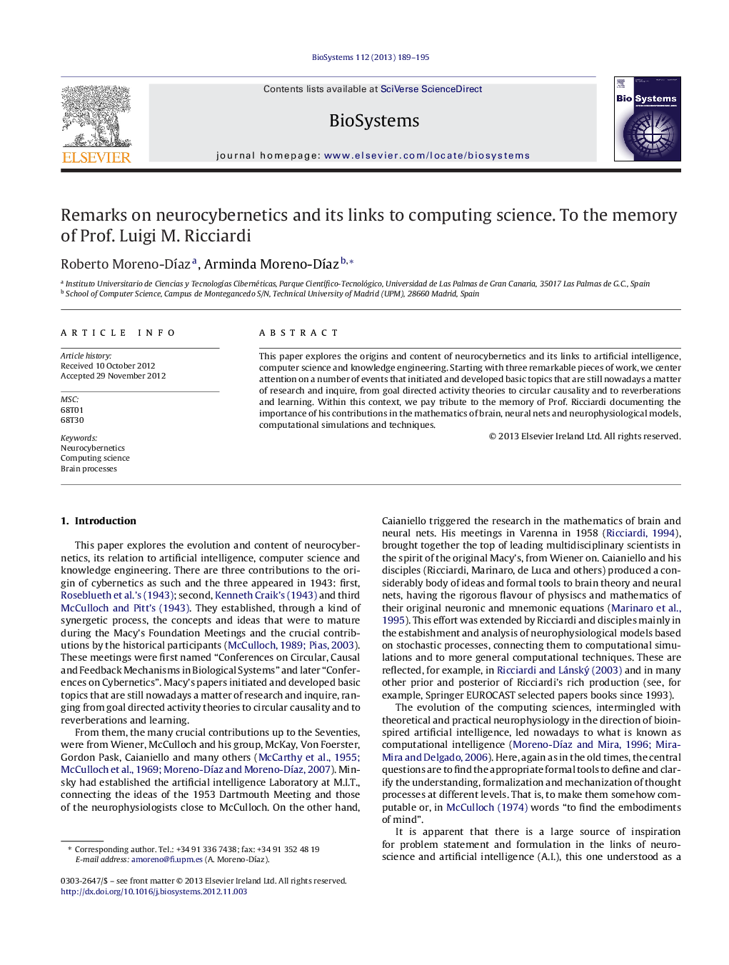 Remarks on neurocybernetics and its links to computing science. To the memory of Prof. Luigi M. Ricciardi