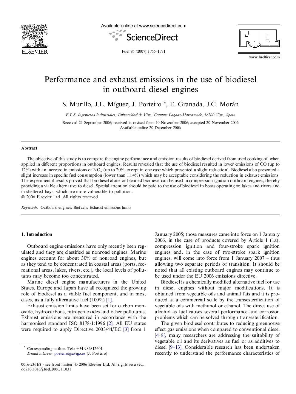 Performance and exhaust emissions in the use of biodiesel in outboard diesel engines