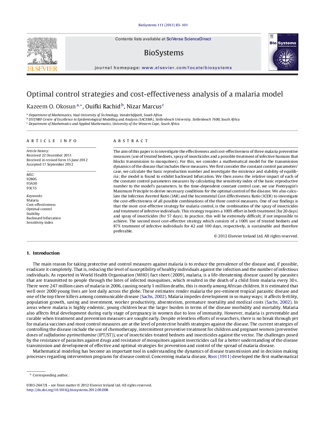 عکس صفحه اول مقاله: Optimal control strategies and cost-effectiveness analysis of a malaria model Optimal control strategies and cost-effectiveness analysis of a malaria model