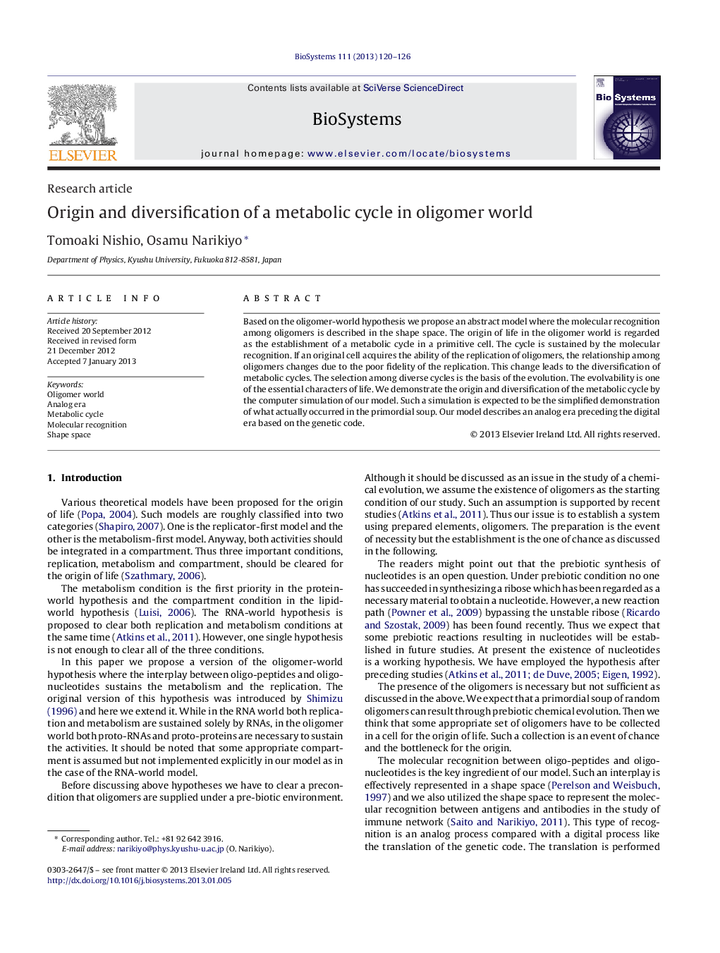 Origin and diversification of a metabolic cycle in oligomer world