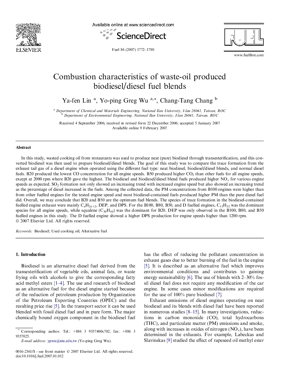 Combustion characteristics of waste-oil produced biodiesel/diesel fuel blends