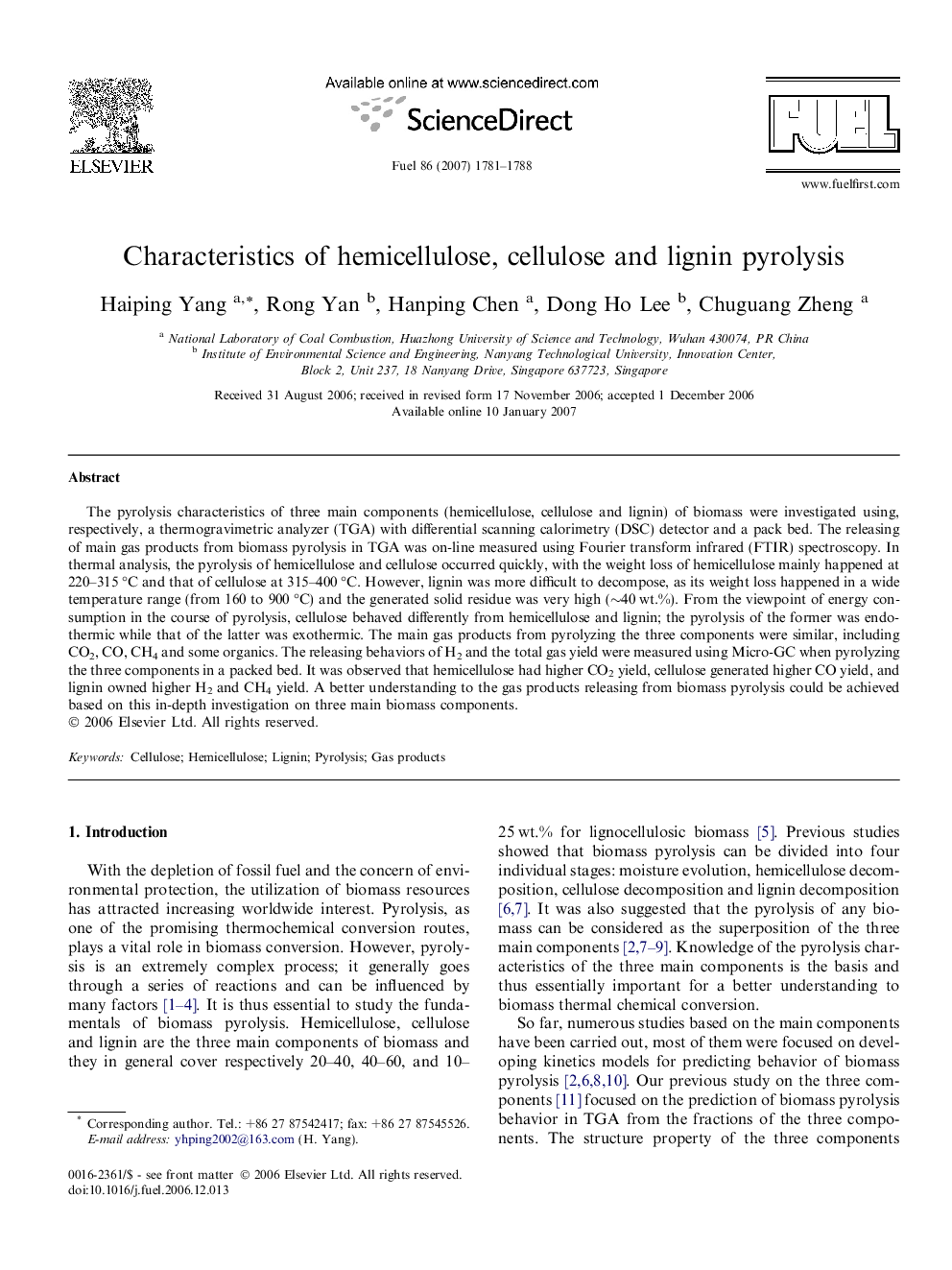 Characteristics of hemicellulose, cellulose and lignin pyrolysis