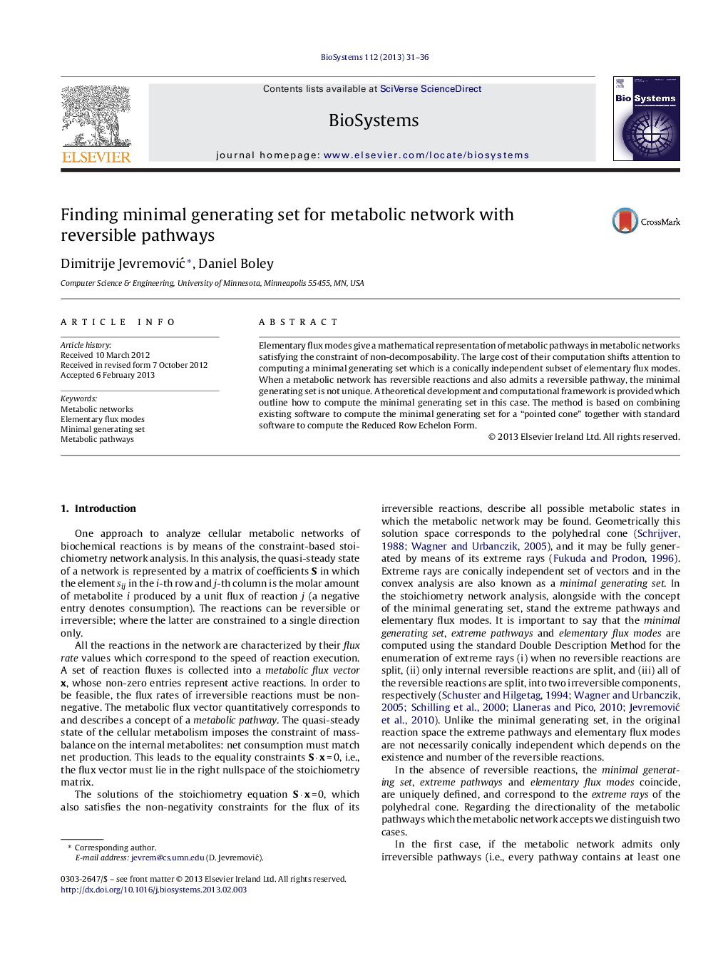 Finding minimal generating set for metabolic network with reversible pathways