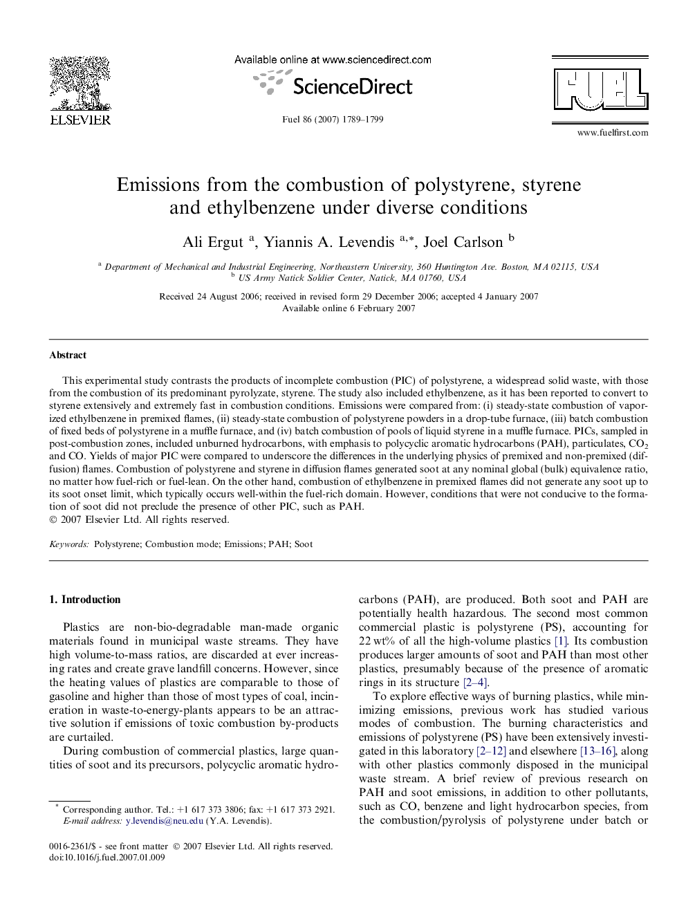 Emissions from the combustion of polystyrene, styrene and ethylbenzene under diverse conditions