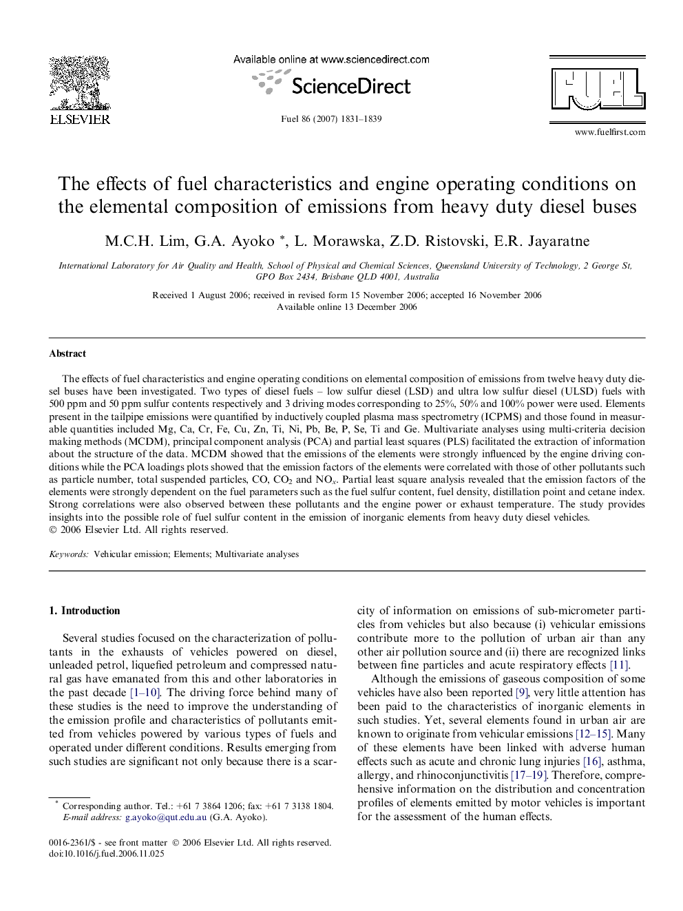 The effects of fuel characteristics and engine operating conditions on the elemental composition of emissions from heavy duty diesel buses