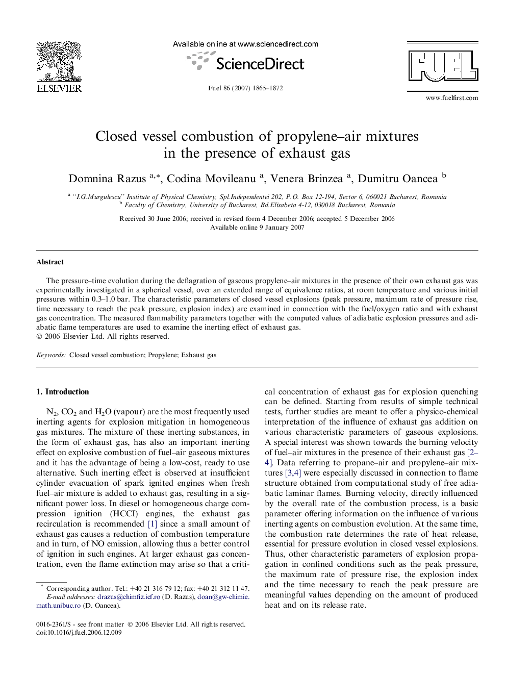 Closed vessel combustion of propylene–air mixtures in the presence of exhaust gas