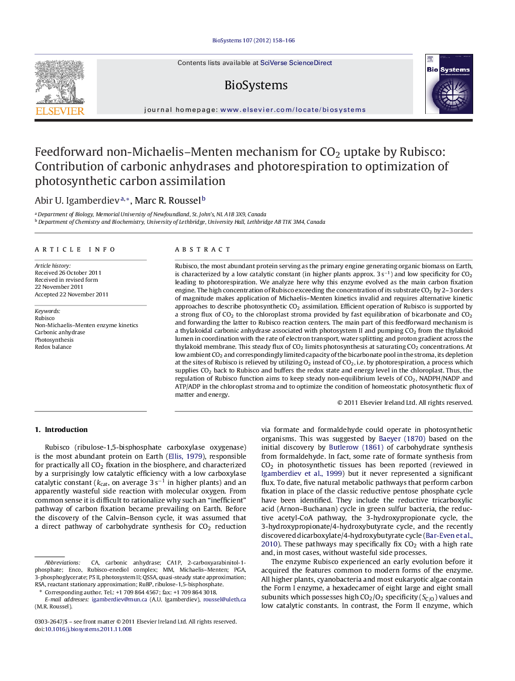 Feedforward non-Michaelis–Menten mechanism for CO2 uptake by Rubisco: Contribution of carbonic anhydrases and photorespiration to optimization of photosynthetic carbon assimilation