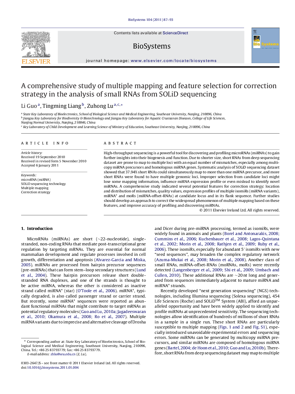 A comprehensive study of multiple mapping and feature selection for correction strategy in the analysis of small RNAs from SOLiD sequencing