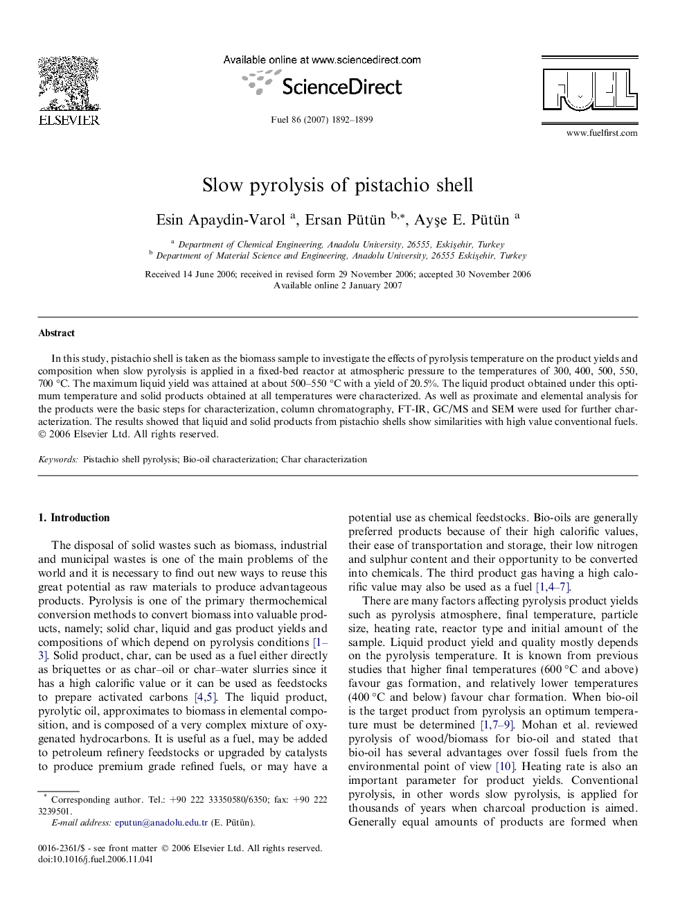 Slow pyrolysis of pistachio shell