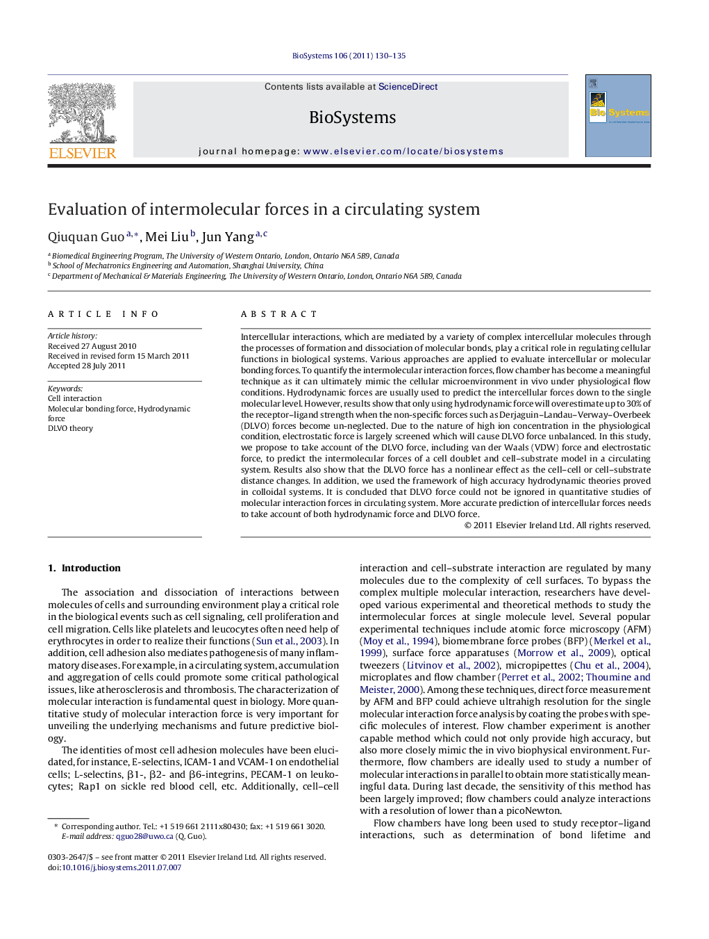 Evaluation of intermolecular forces in a circulating system