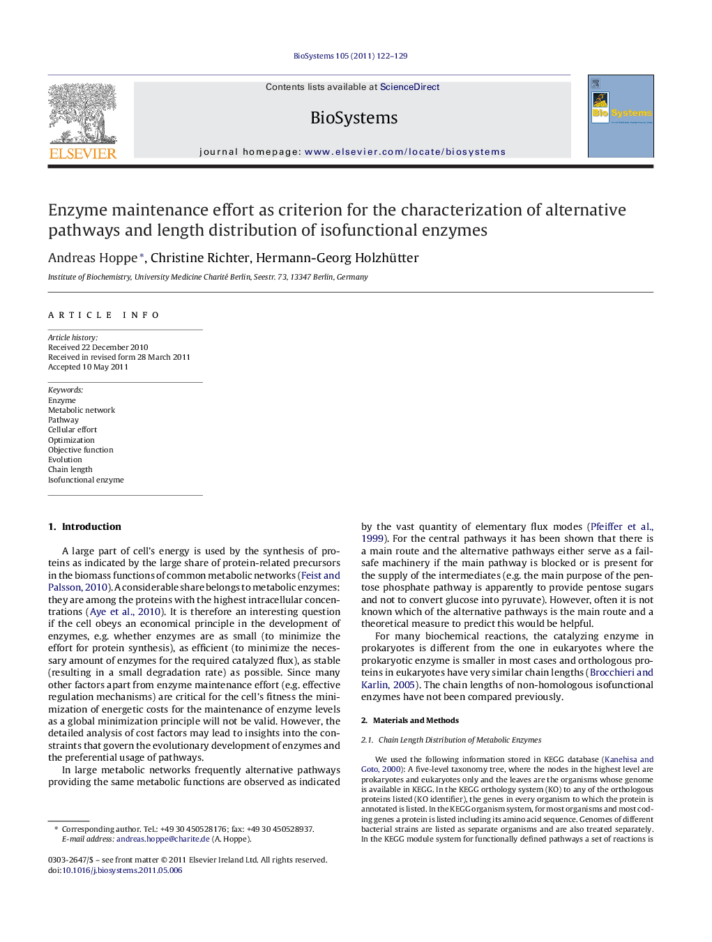 Enzyme maintenance effort as criterion for the characterization of alternative pathways and length distribution of isofunctional enzymes