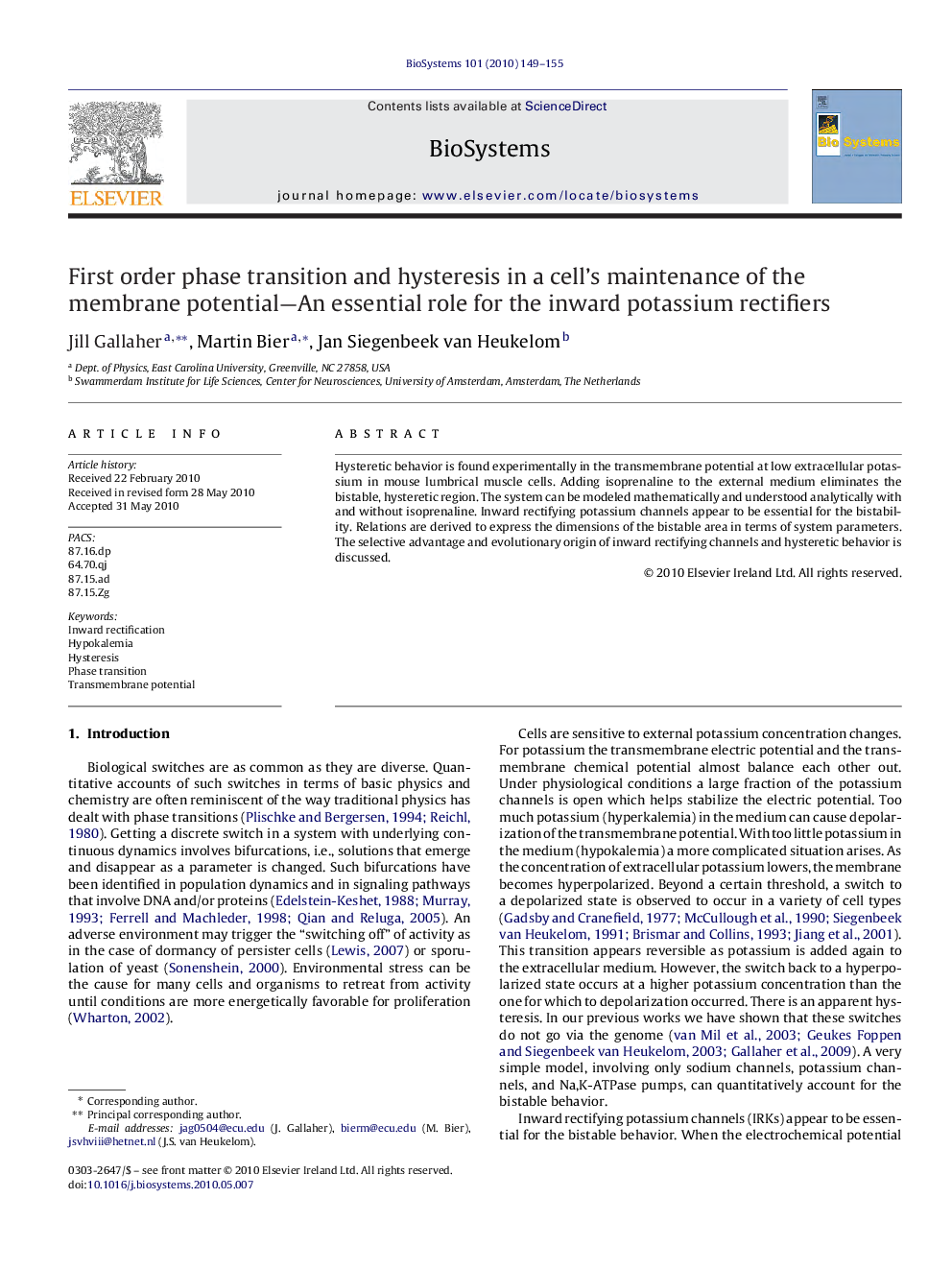 First order phase transition and hysteresis in a cell’s maintenance of the membrane potential—An essential role for the inward potassium rectifiers