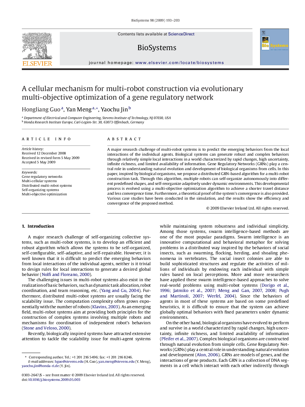 A cellular mechanism for multi-robot construction via evolutionary multi-objective optimization of a gene regulatory network