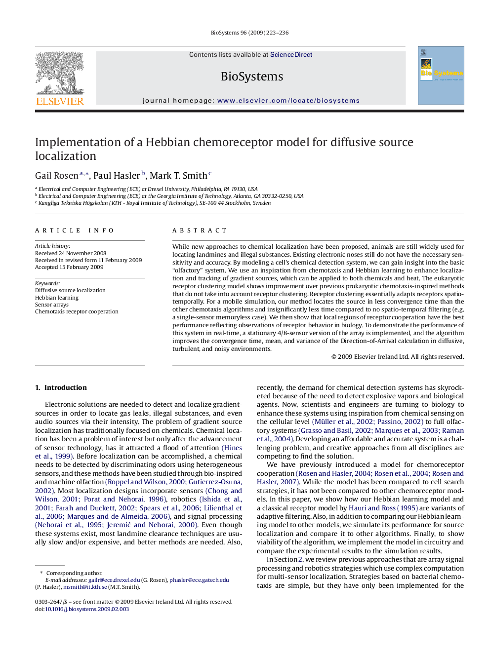 Implementation of a Hebbian chemoreceptor model for diffusive source localization