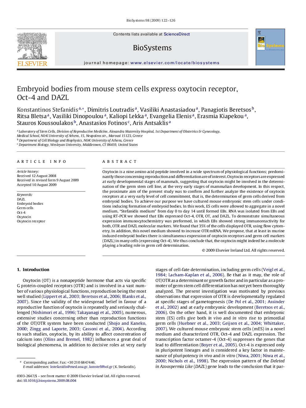 Embryoid bodies from mouse stem cells express oxytocin receptor, Oct-4 and DAZL