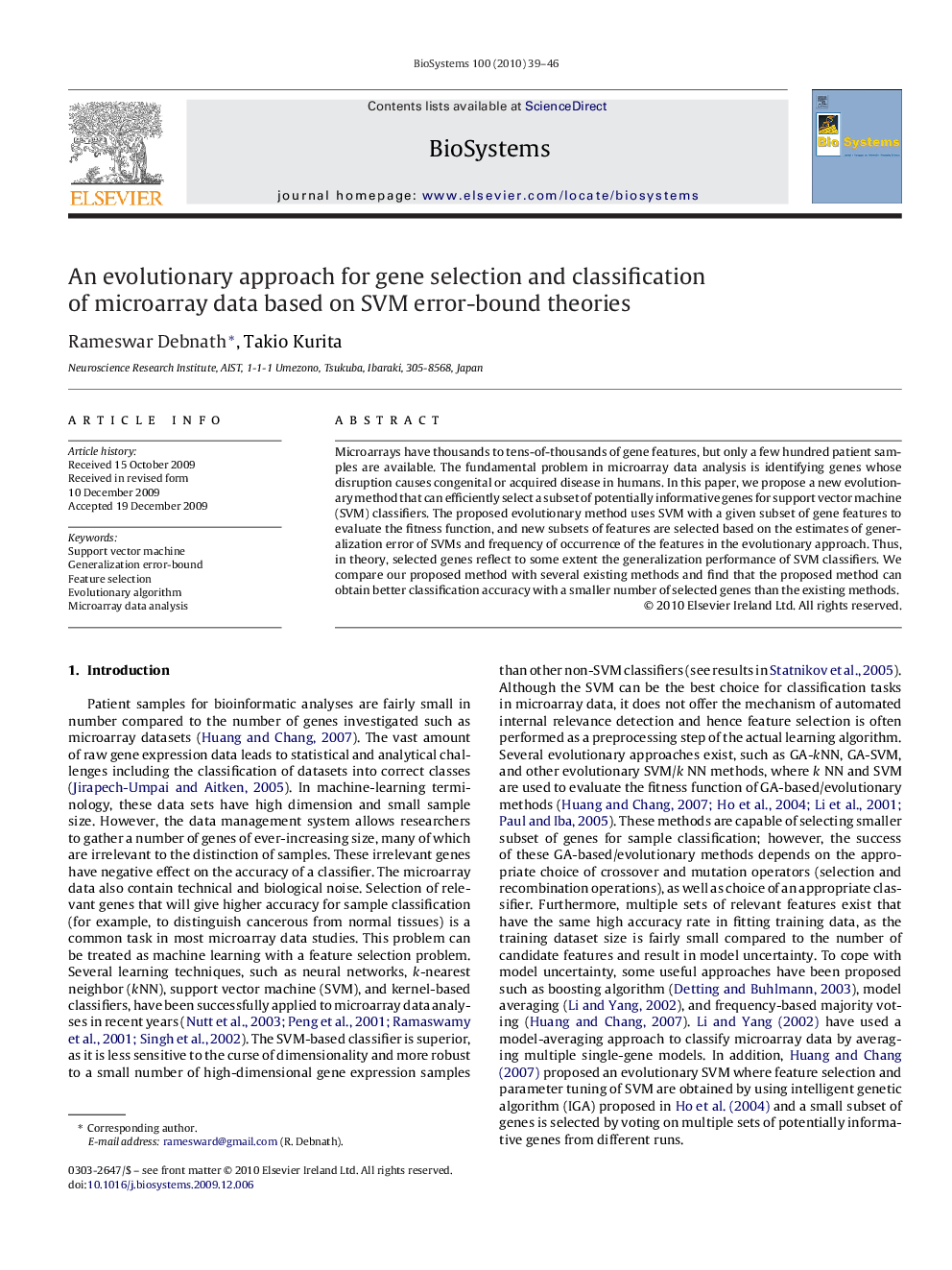 An evolutionary approach for gene selection and classification of microarray data based on SVM error-bound theories