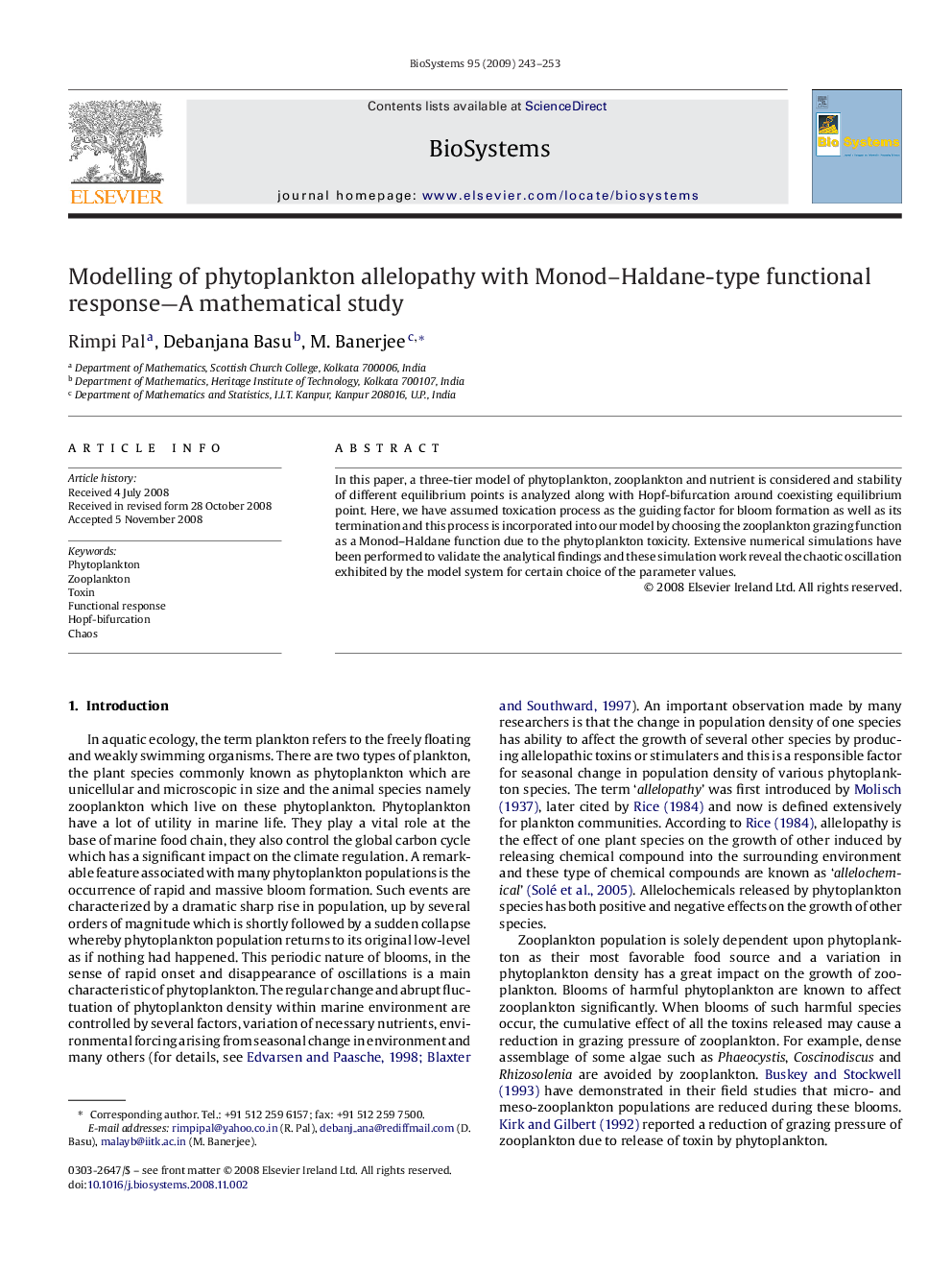 Modelling of phytoplankton allelopathy with Monod–Haldane-type functional response—A mathematical study