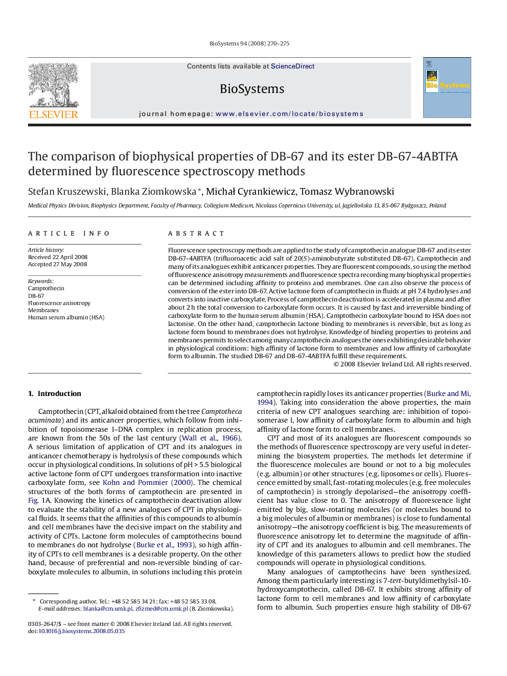 The comparison of biophysical properties of DB-67 and its ester DB-67-4ABTFA determined by fluorescence spectroscopy methods