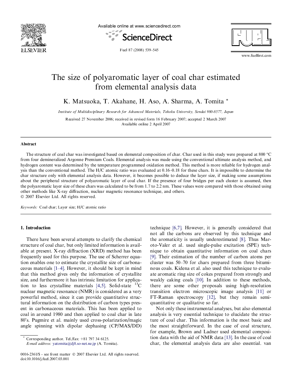 The size of polyaromatic layer of coal char estimated from elemental analysis data