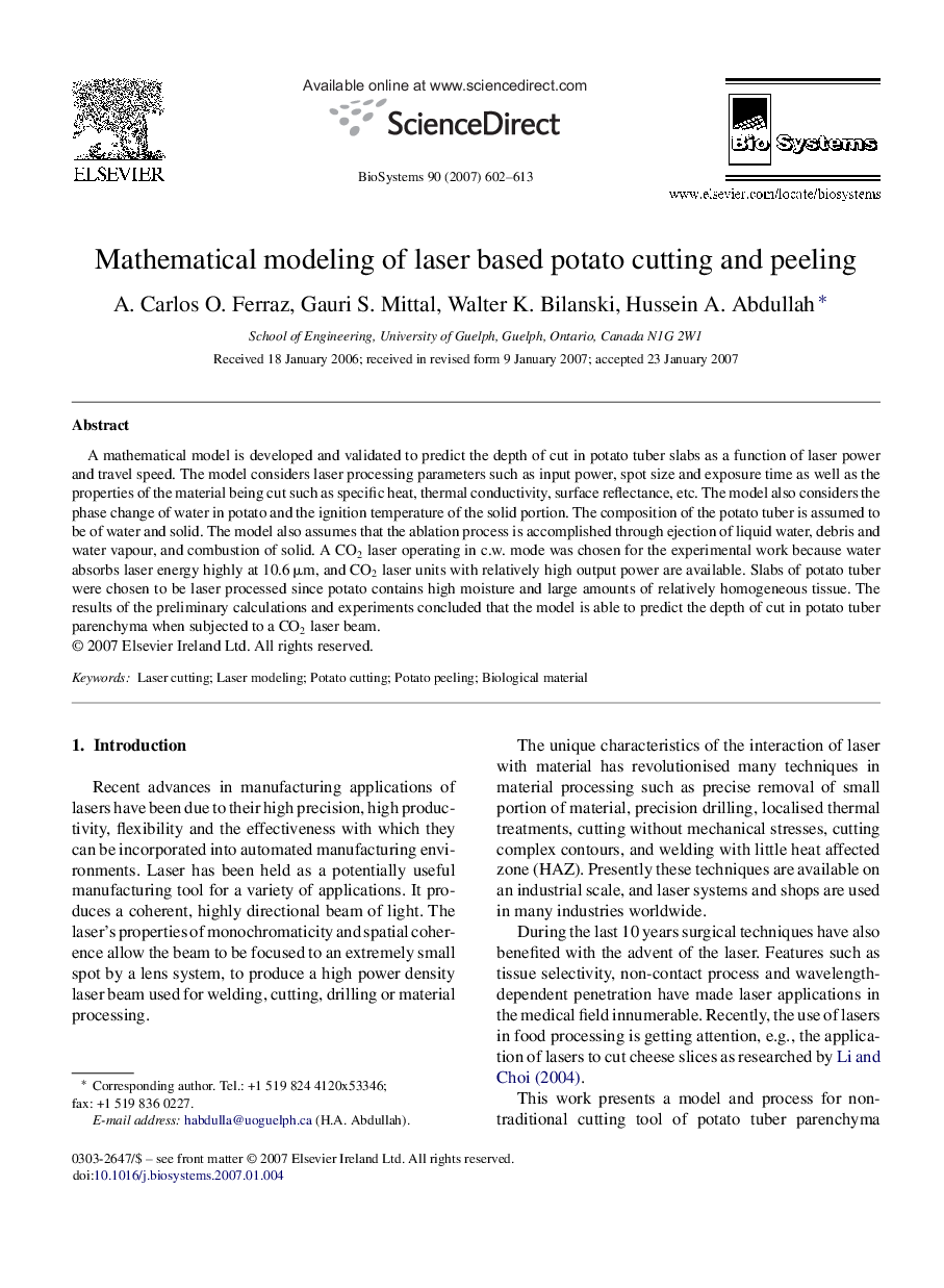 Mathematical modeling of laser based potato cutting and peeling