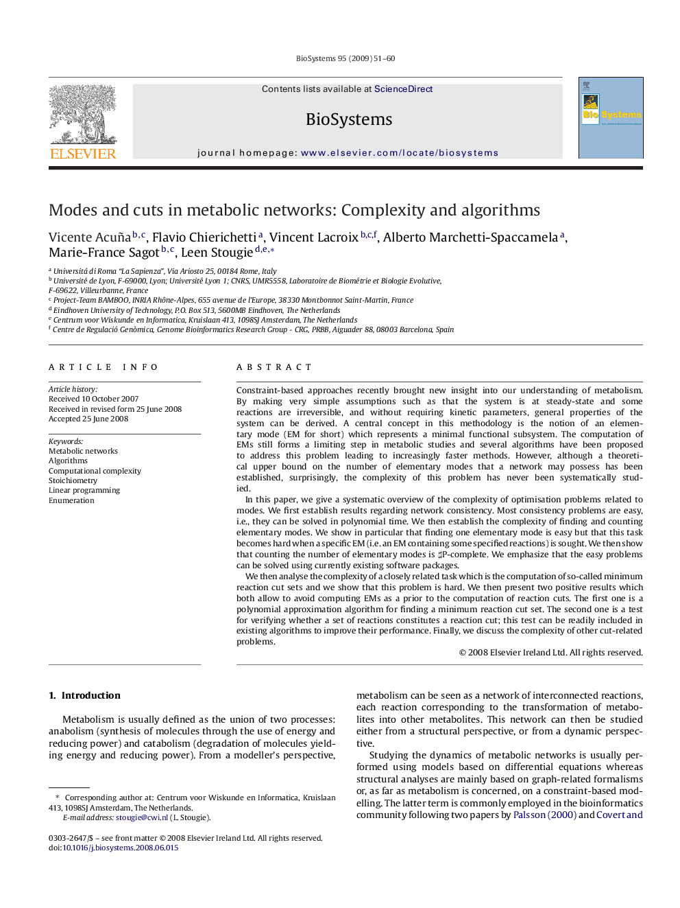 Modes and cuts in metabolic networks: Complexity and algorithms