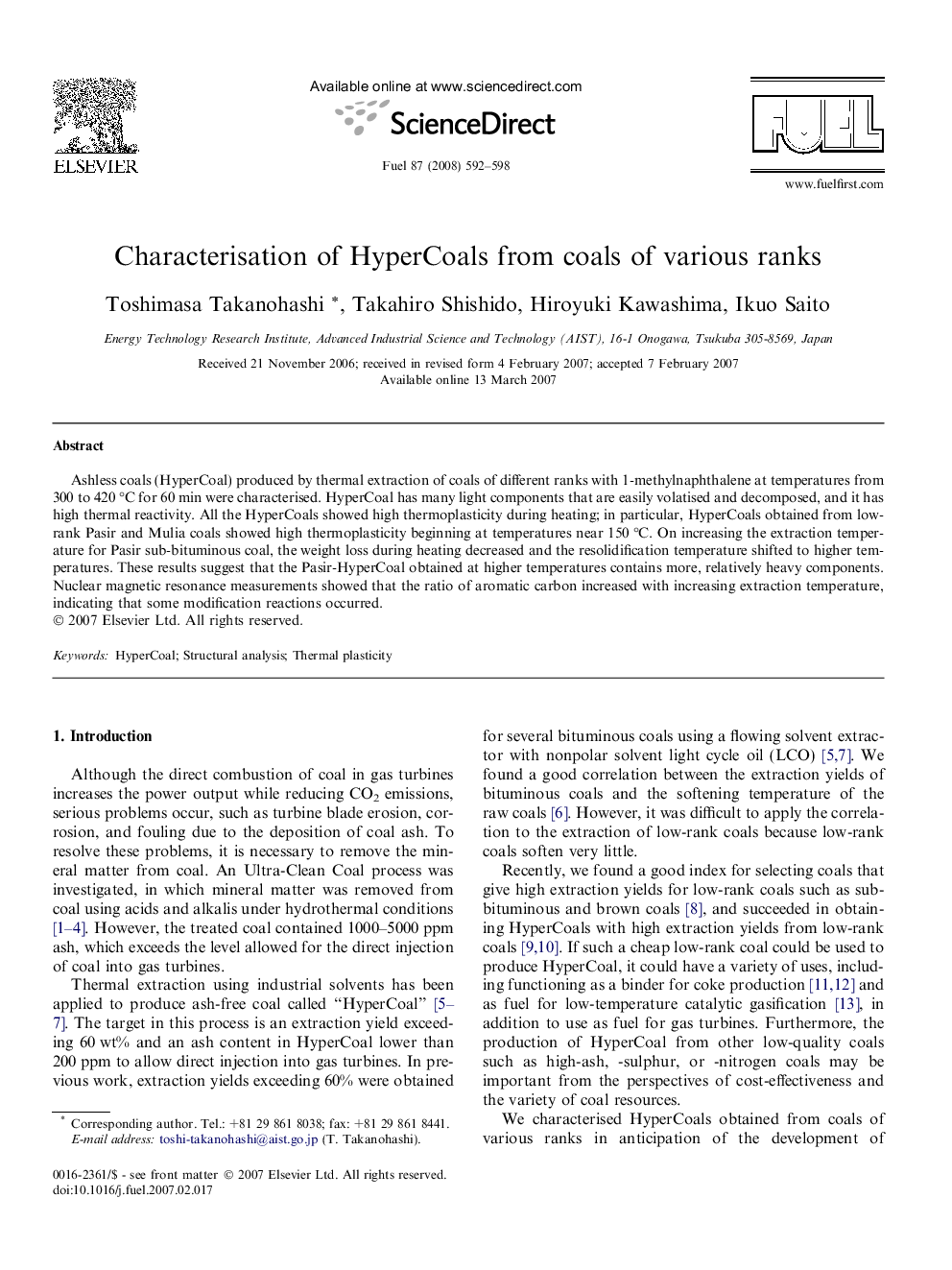 Characterisation of HyperCoals from coals of various ranks