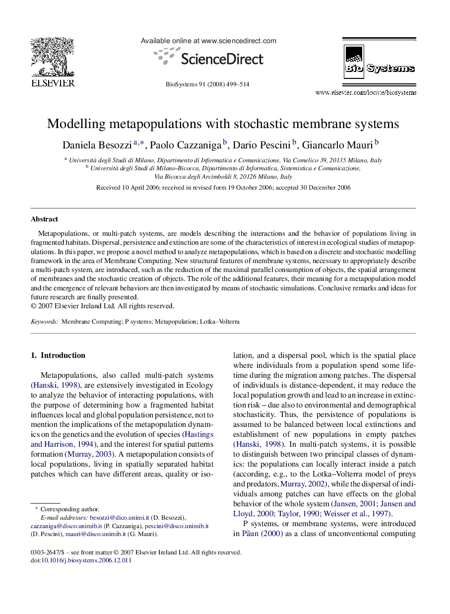 Modelling metapopulations with stochastic membrane systems